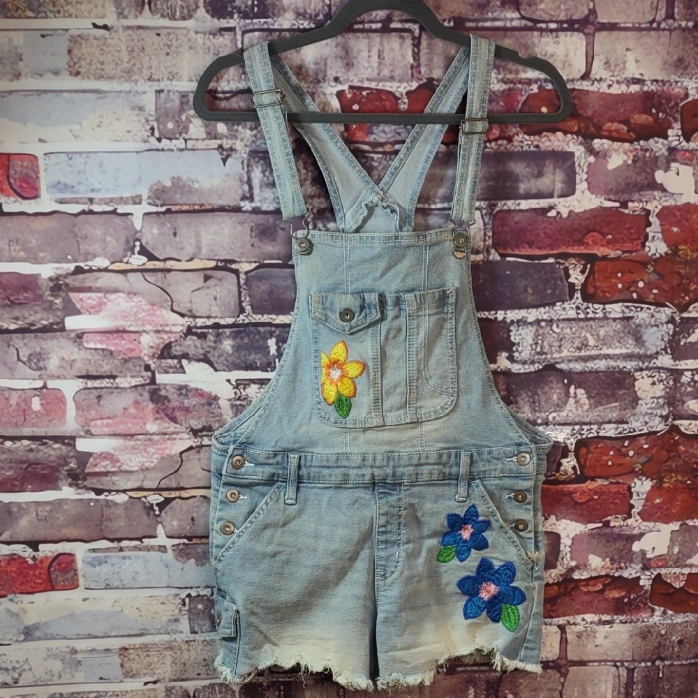 No Boundaries Embroidered Denim Overall Shorts